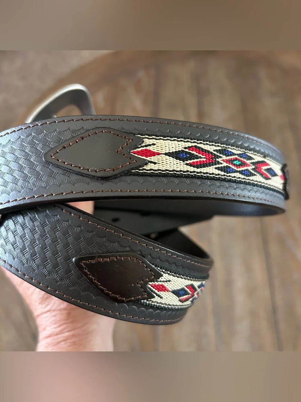 Southwestern Basketweave Brown Leather Belt Embroidered Aztec Inlay With Conchos